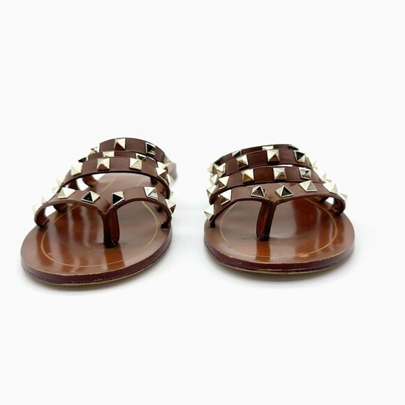 VALENTINO Rockstud Flair Cage Brown Leather Sandal Size 38 Flip Flop Studded - Picture 5 of 12
